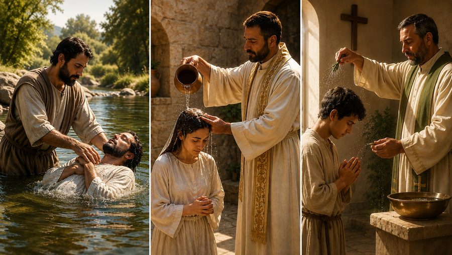 Three forms of Christian baptism: immersion in a river, pouring from a jug, and sprinkling at a font